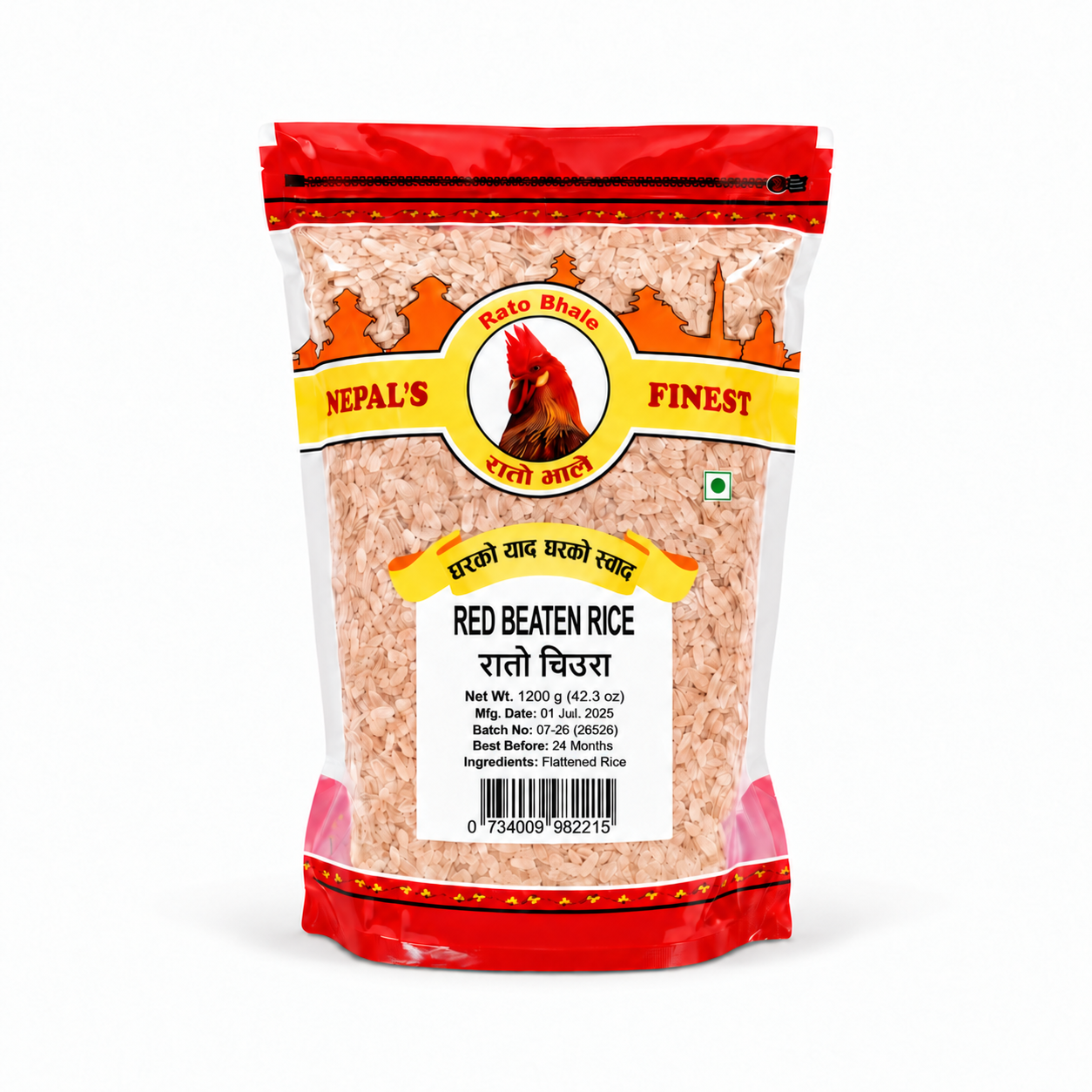 Rato Bhale Premium Red Beaten Rice in resealable zip-lock pouch