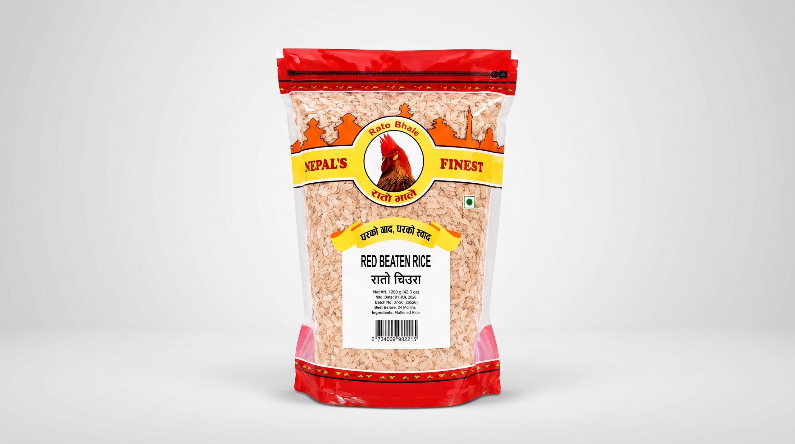 Rato Bhale Premium Red Beaten Rice in resealable zip-lock pouch