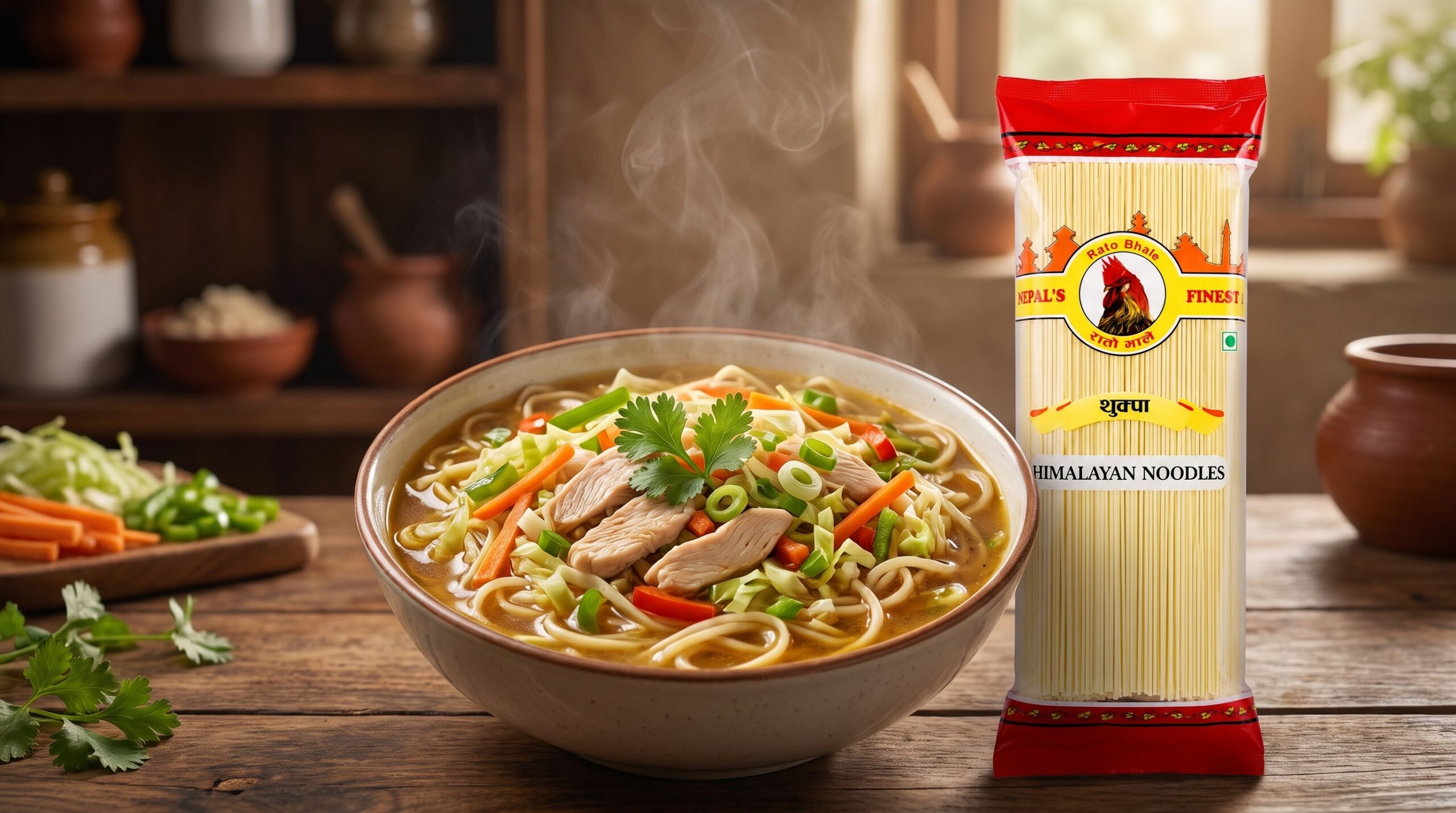Rato Bhale Thukpa noodle soup with chicken vegetables and Thukpa Masala