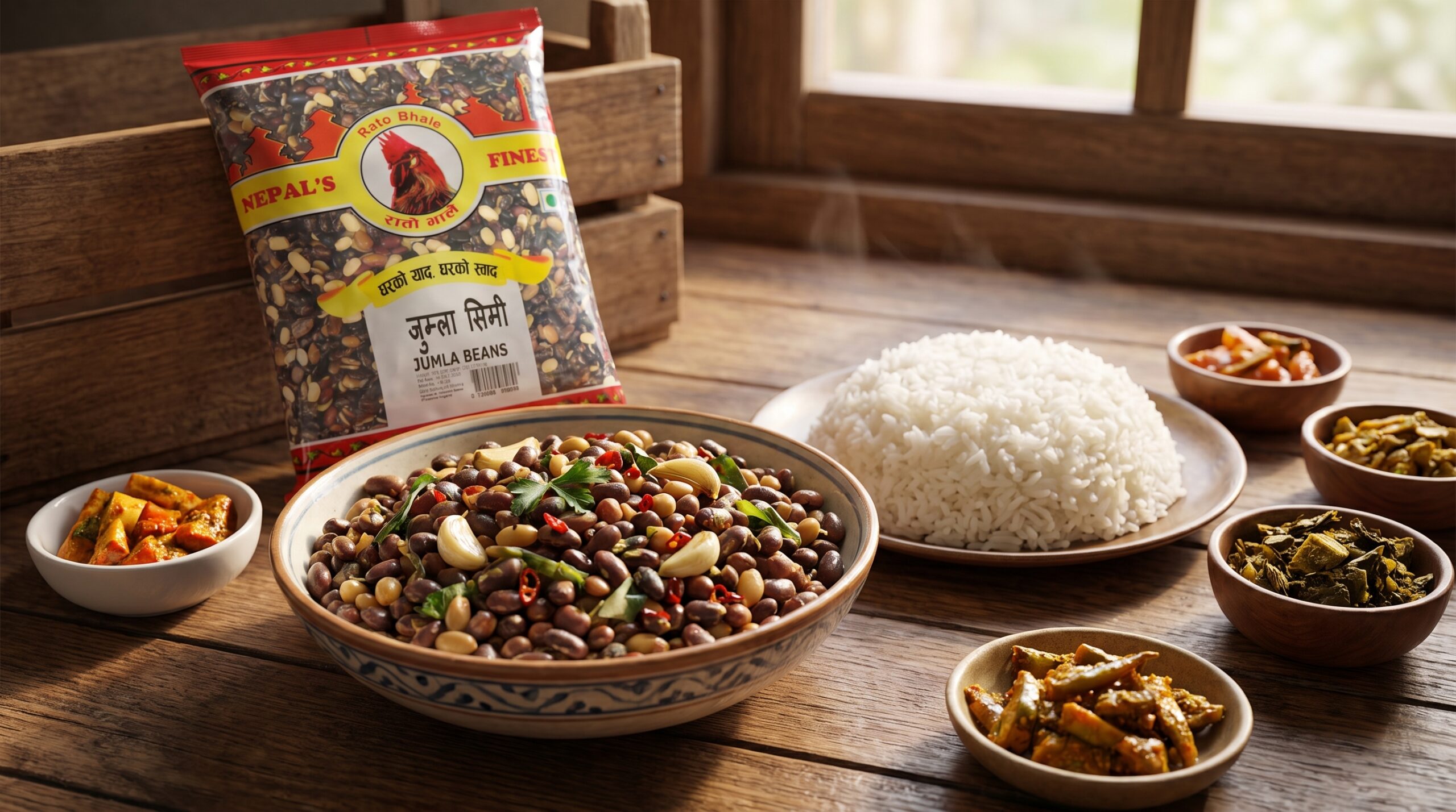 Rato Bhale Jumla Simi cooked with Jimbu and served with rice