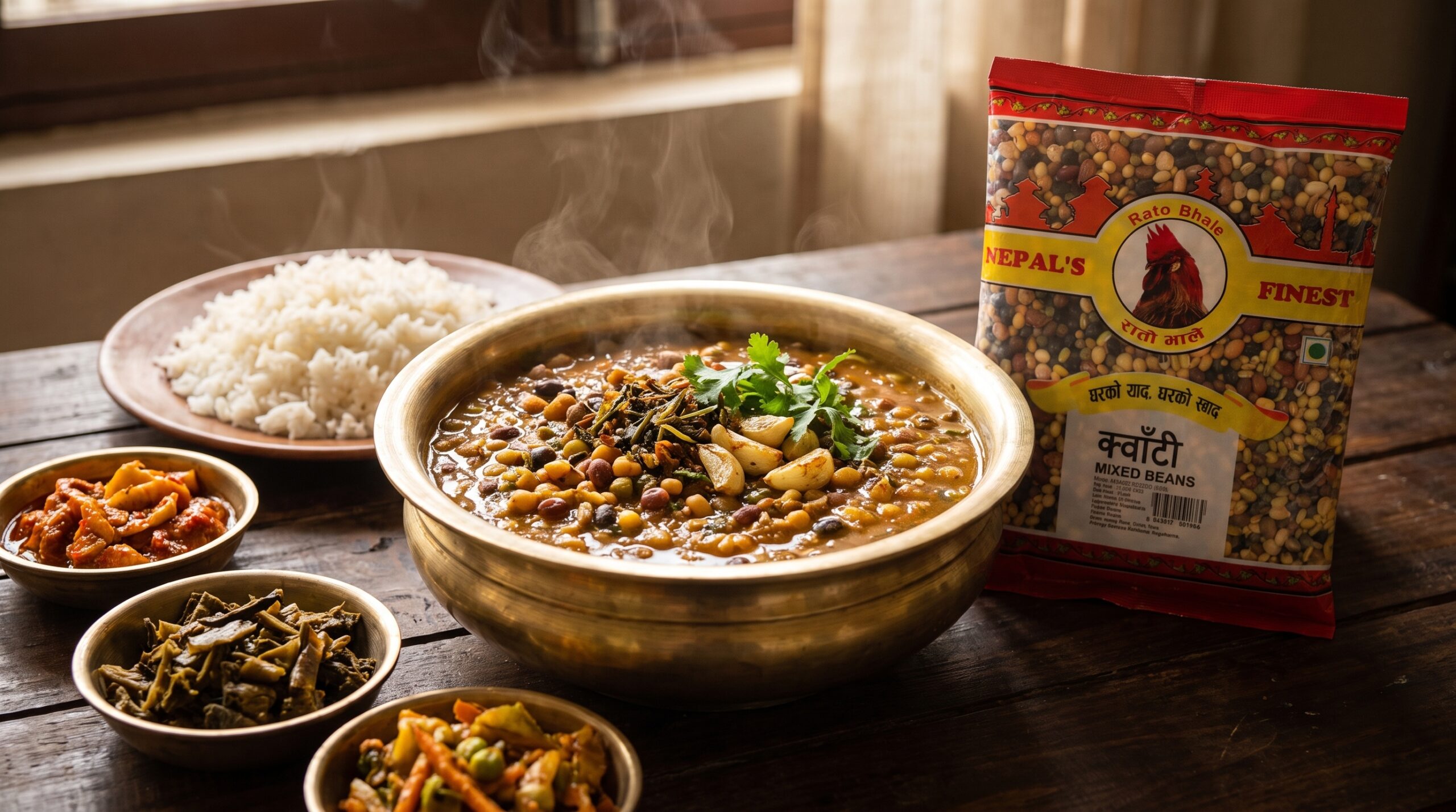 Rato Bhale Kwaanti mixed beans cooked with Jimbu and served with rice