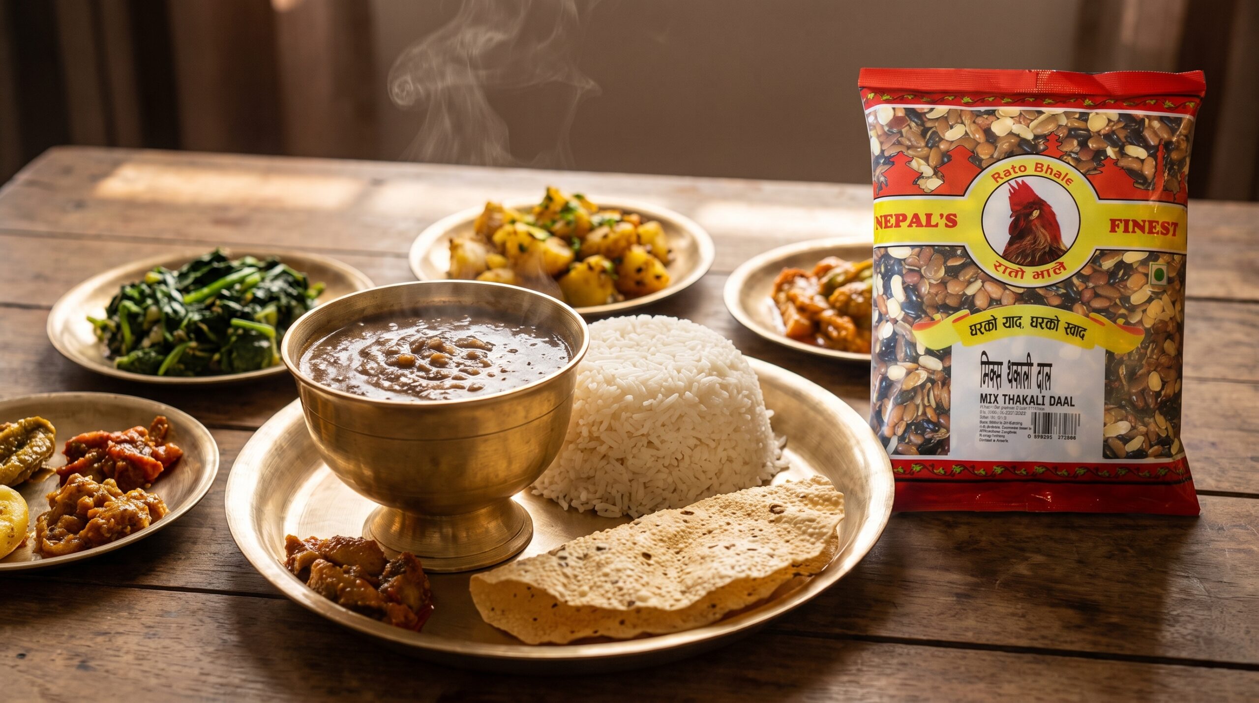 Rato Bhale Thakali Daal Mix served with rice, vegetables and achar