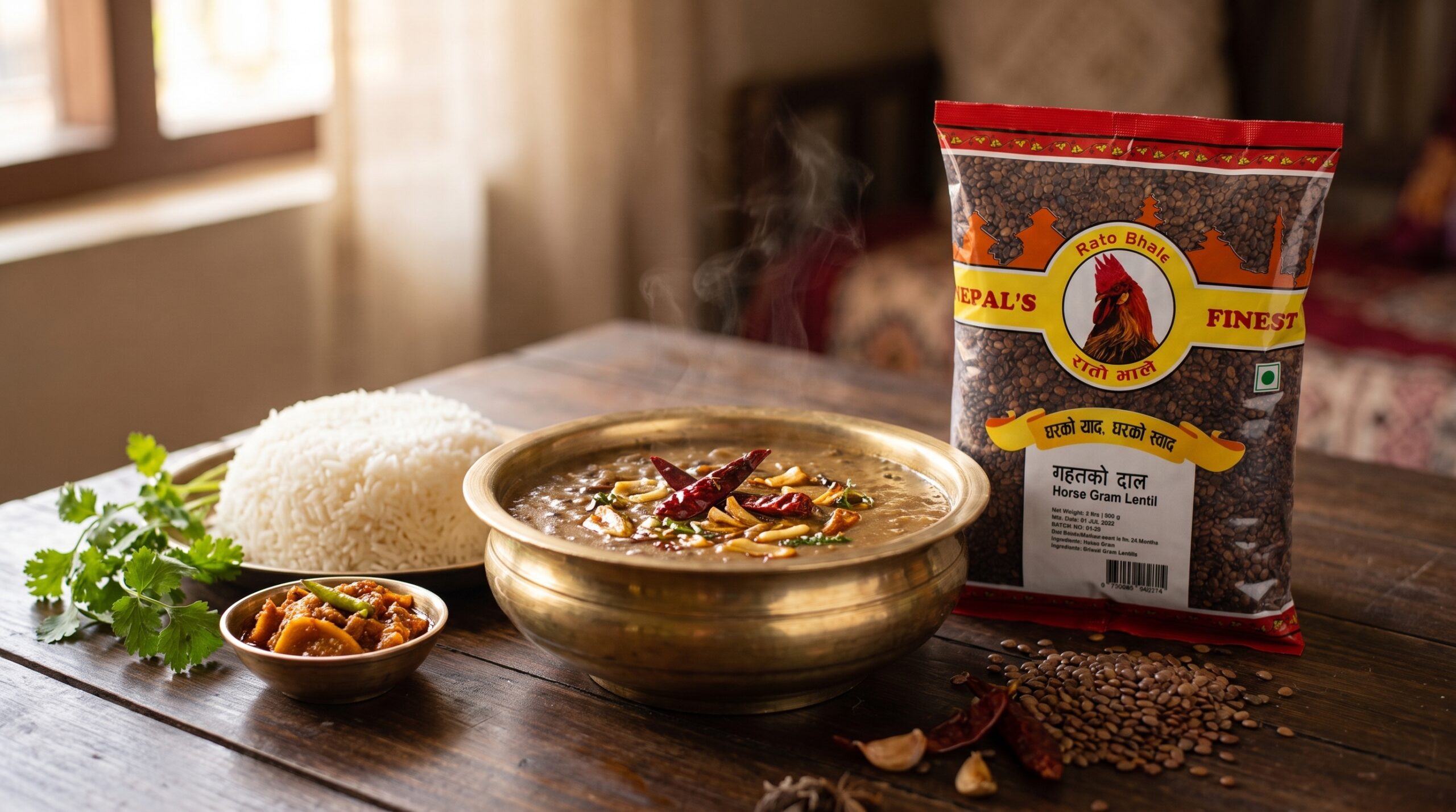 Rato Bhale Gahat Ko Daal cooked with Jimbu and served with rice